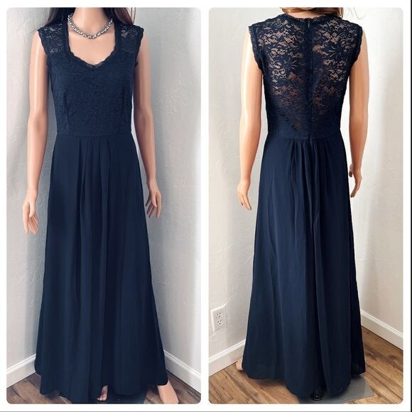MIUSOL Navy Lace & Sheer Maxi Dress MEDIUM NWT - Picture 2 of 11